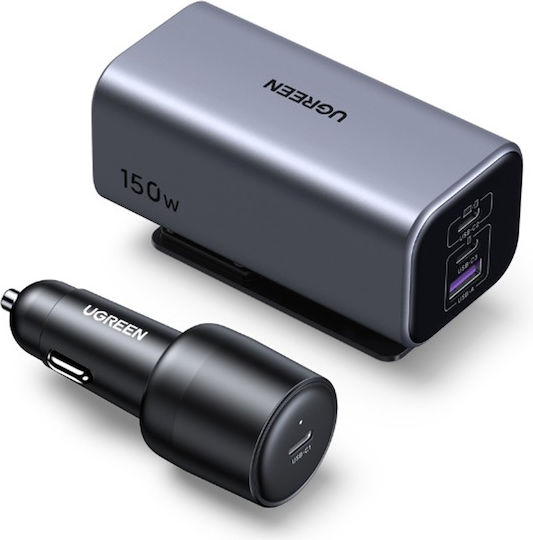 Ugreen EC706 Auto-Ladegerät 150W Schnellladung mit Anschlüssen: 1xUSB 1xType-C mit Kabel Eingebettet Gray Farbe