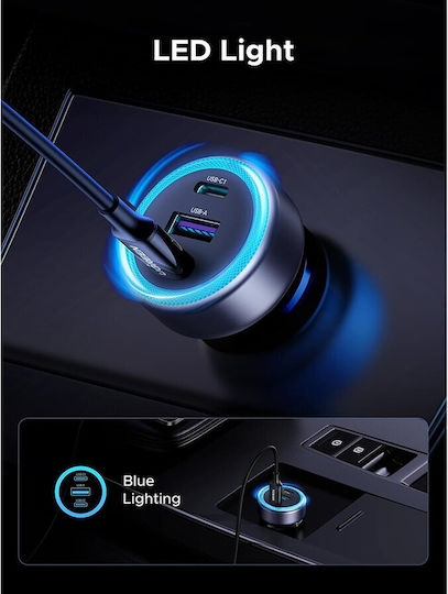 Ugreen EC307 Car Charger 30W 3A with Ports: 1xUSB 2xType-C