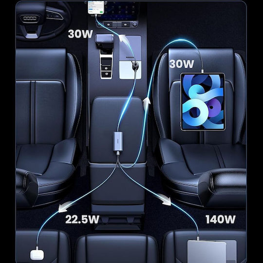 Ugreen EC706 Auto-Ladegerät 150W Schnellladung mit Anschlüssen: 1xUSB 1xType-C mit Kabel Eingebettet Gray Farbe