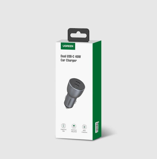 Ugreen Auto-Ladegerät 40W 3A Schnellladung mit Anschlüssen: 2xType-C Gray Farbe