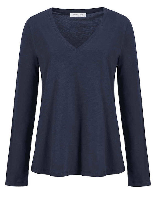 Celestino Women's Long Sleeve Cotton Blouse Dark Blue
