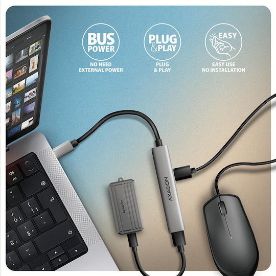 Axagon USB Хъб 12 Порта USB 2.0 с Връзка USB-A / USB-C Сив