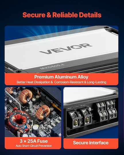 Car Amplifier Vevor 4 Channel Bridgeable Car Amplifier Multichannel Stereo Amplifier Class D Max 4 X 420w at 4 Ohms 4 X 600w at 2 Ohms High Efficiency SUVs Pickups Off Road Vehicles