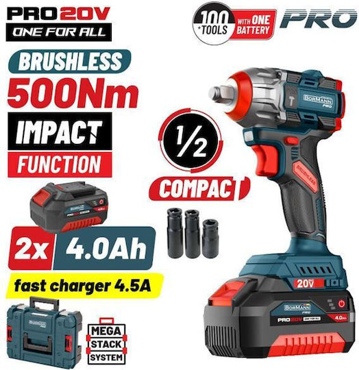 Bormann Pro BBP5422X44CA Brushless Impact Wrench Battery 20V 2x4Ah with Socket 1/2"