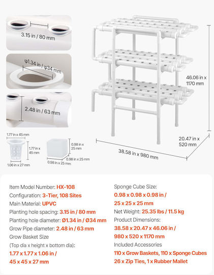 Vevor Hydroponic Cultivation System Hydroponic Cultivation Kit 3 Levels 108 Slots Upvc Pipes Timed Irrigation Thickened Hydroponic Pipes Indoor Home Garden Vegetable Fruit Herb Cultivation