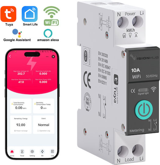 Contor de Energie Inteligent cu Siguranță WiFi 10A Monitorizare Consum Control de la Distanță Programare Inteligentă Compatibil Smart Life Tuya Alexa Google Home Montaj Pe Șină Din