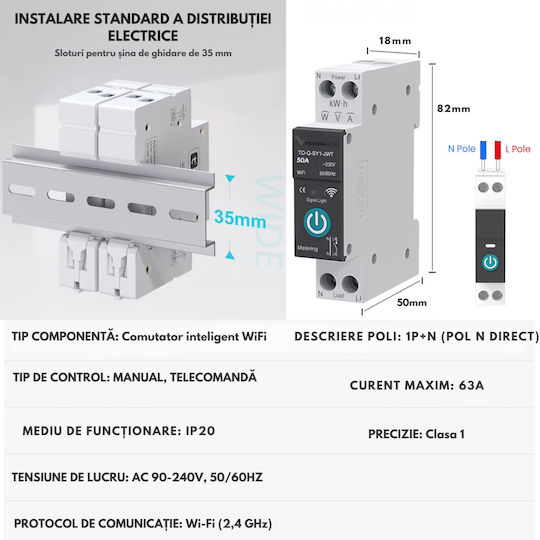 Contor Inteligent De Energie Cu Siguranță Wifi 50A Monitorizare Consum Control De La Distanță Programare Inteligentă Compatibil Cu Smart Life Tuya Alexa Google Home Montaj Pe Șină Din