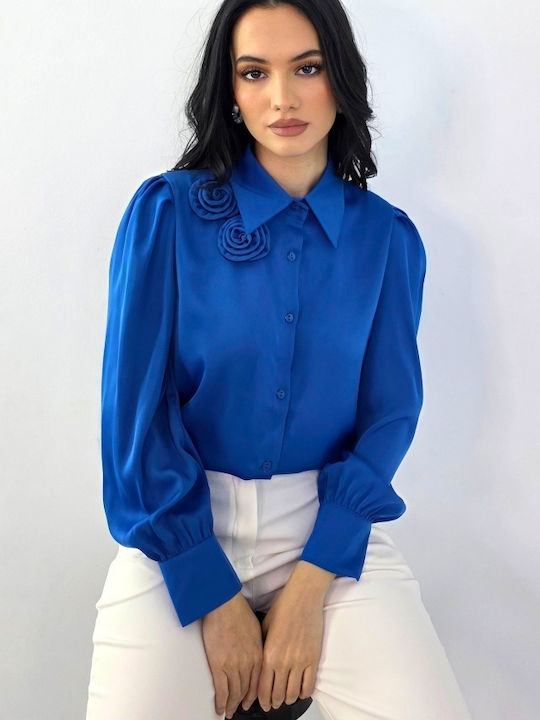 Μακρυμάνικο Γυναικείο Μεταξωτό Πουκάμισο Blue Floral