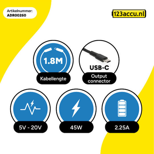 WS Xtreme Power USB-C Universal Φορτιστής Laptop 45W 20V 2.25A για Universal / Apple