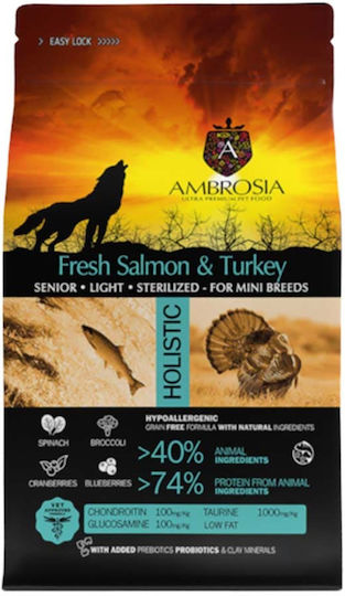 Ambrosia Fresh Salmon & Turkey Senior Light Sterilized Mini Breeds 5kg Ξηρά Τροφή Διαίτης, χωρίς Σιτηρά για Ηλικιωμένους Στειρωμένους Σκύλους Μικρόσωμων Φυλών με Γαλοπούλα και Σολομό