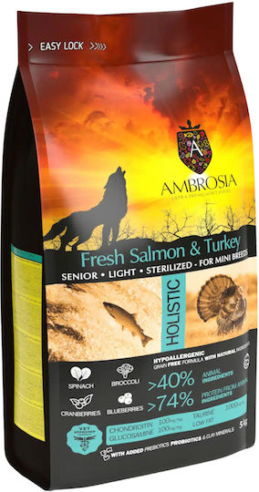 Ambrosia Fresh Salmon & Turkey Senior Light Sterilized Mini Breeds 5kg Ξηρά Τροφή Διαίτης, χωρίς Σιτηρά για Ηλικιωμένους Στειρωμένους Σκύλους Μικρόσωμων Φυλών με Γαλοπούλα και Σολομό