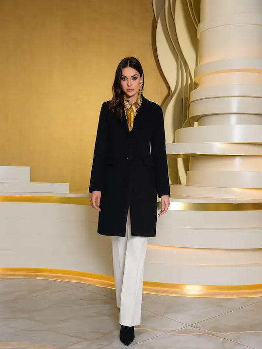 Women's Black Half Coat with Buttons