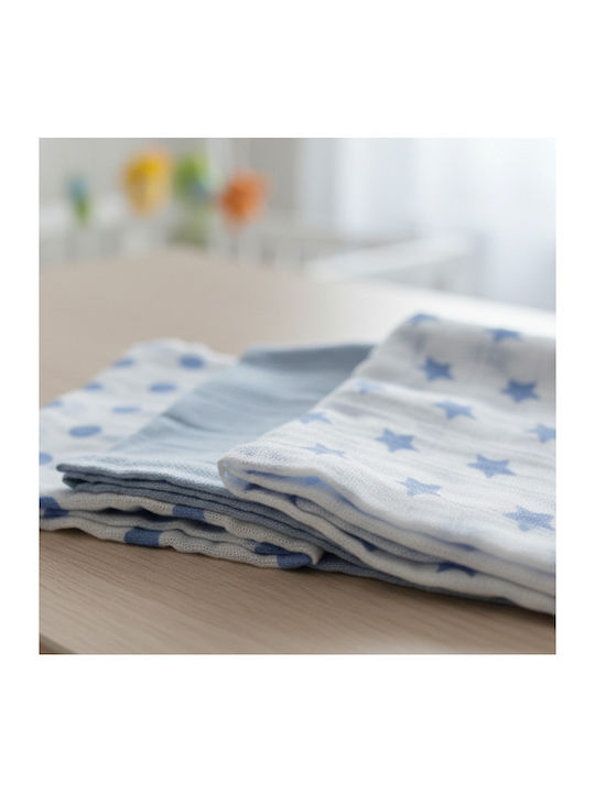 Gamberritos Kids Stars & Dots Πάνες Αγκαλιάς από Μουσελίνα Γαλάζιο 80x80εκ. 3τμχ