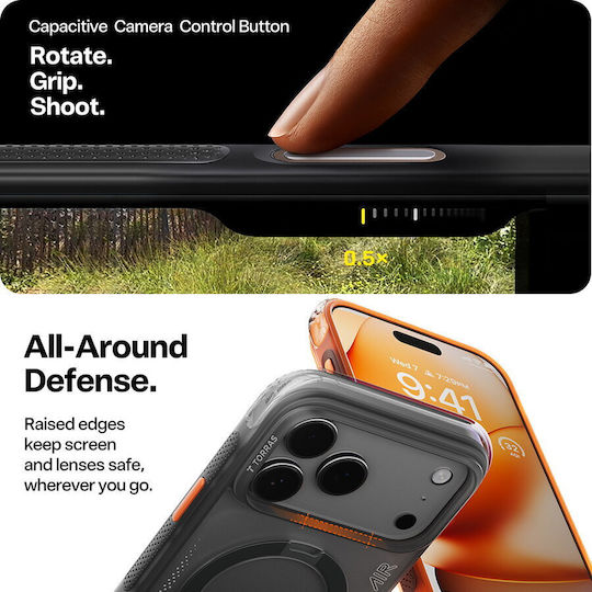 Torras Ostand Spin Umschlag Rückseite Silikon Schwarz (iPhone 17 Pro)