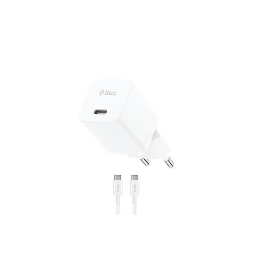 TTEC GaN Charger with USB-C Port and USB-C - USB-C Cable 30W Power Delivery White SmartCharger