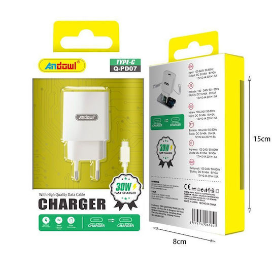 Andowl Charger with USB-C Port and Cable USB-C - USB-C 30W Whites (Q-PD07)