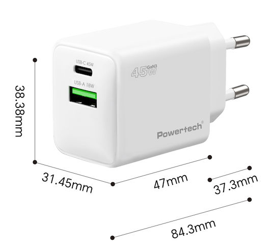 Powertech Φορτιστής Χωρίς Καλώδιο GaN με Θύρα USB-A και Θύρα USB-C 45W Power Delivery / Quick Charge 4.0 Λευκός (PT-1551)