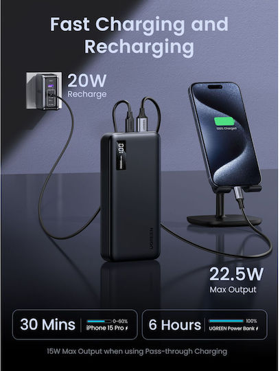 Ugreen PB312 Power Bank 20000mAh 20W с 2 USB-A порта и USB-C порт Черен
