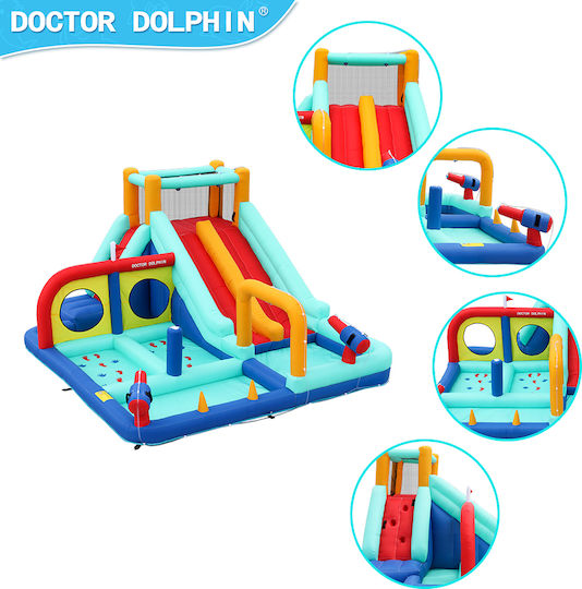 Doctor Dolphin Inflatable Trampoline Double Slide Climbing Water Guns Hoops Rings