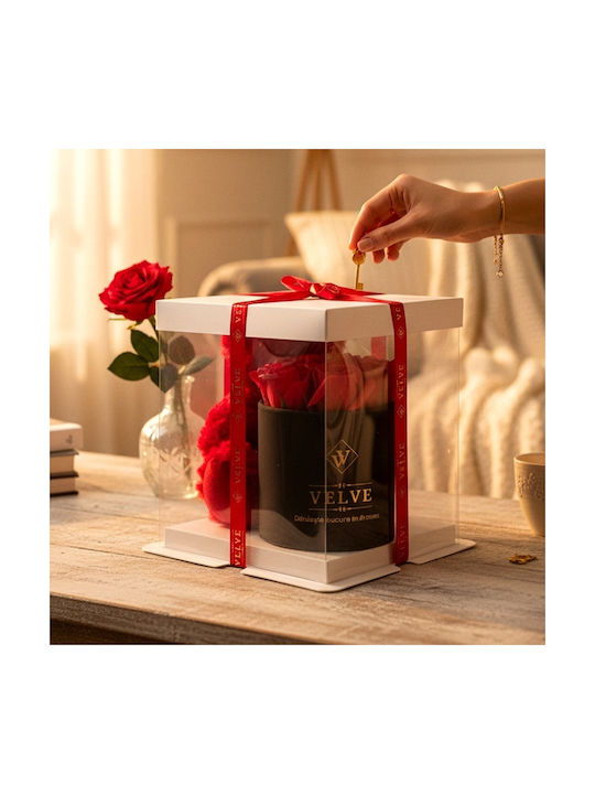 Ursuleț De Pluș Roșu Floral Din Trandafiri Din Spumă Cu O Inimă De Perle 25 Cm Decorat Manual În Cutie Cadou