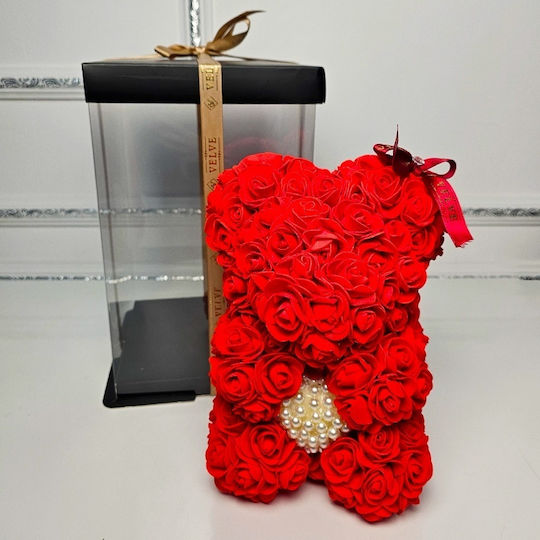 Red Floral Teddy Bear Made Foam Roses A Pearl Heart 25 Cm Hand-decorated In A Gift Box