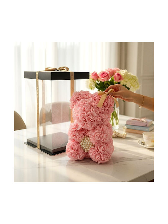 Ursuleț De Pluș Floral Roz Din Trandafiri Din Spumă Cu O Inimă De Perle 25 Cm Decorat Manual În Cutie Cadou