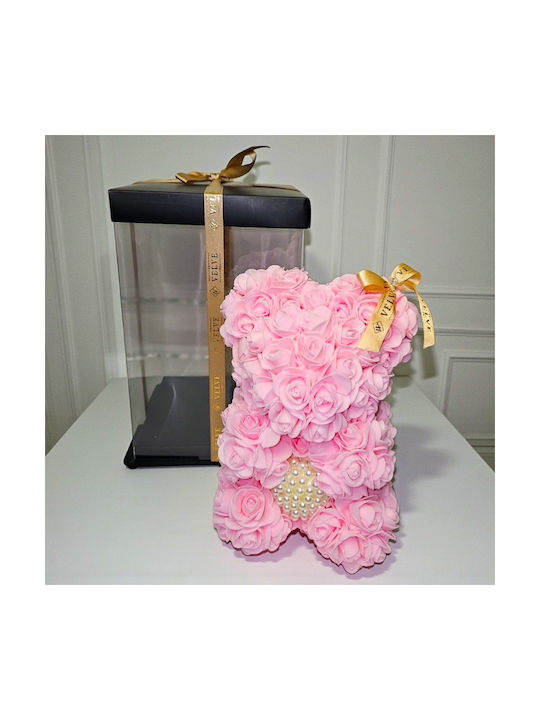 Ursuleț De Pluș Floral Roz Din Trandafiri Din Spumă Cu O Inimă De Perle 25 Cm Decorat Manual În Cutie Cadou