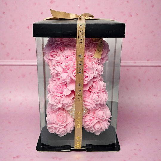 Ursuleț De Pluș Floral Roz Din Trandafiri Din Spumă Cu O Inimă De Perle 25 Cm Decorat Manual În Cutie Cadou