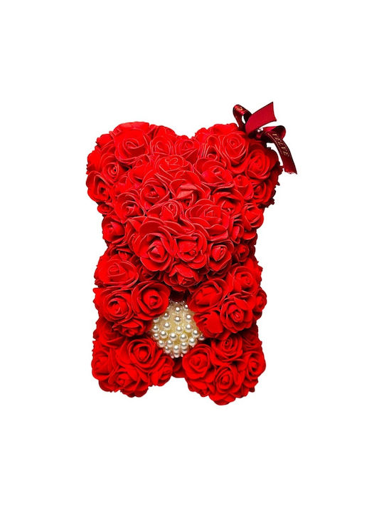 Ursuleț De Pluș Roșu Floral Din Trandafiri Din Spumă Cu O Inimă De Perle 25 Cm Decorat Manual În Cutie Cadou