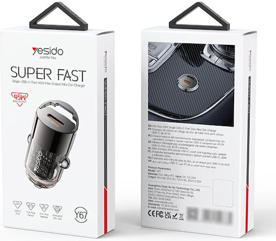 Yesido Car Charger 45W Fast Charging With One Port 1x USB-C Black Colour