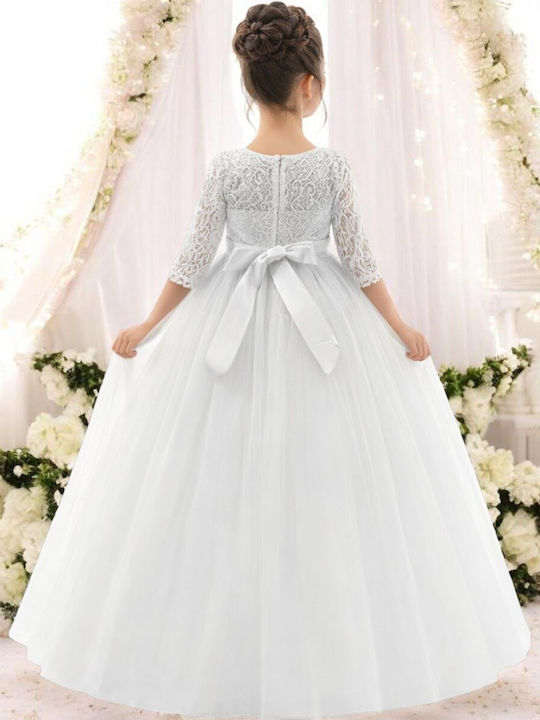 Girls Dress Short Sleeve with Lace for Flower Girl Set with Accessories White