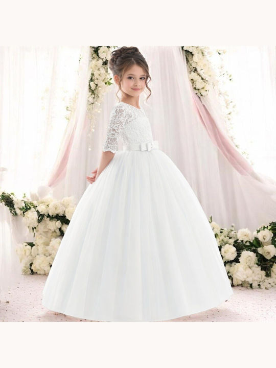 Girls Dress Short Sleeve with Lace for Flower Girl Set with Accessories White