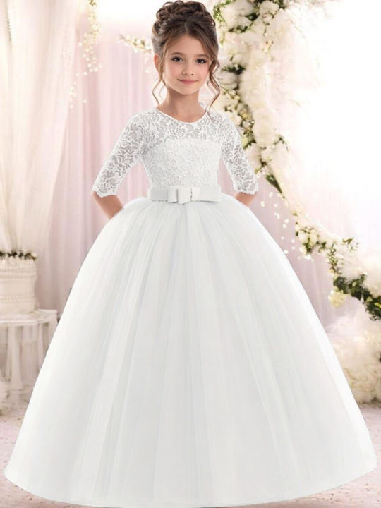 Girls Dress Short Sleeve with Lace for Flower Girl Set with Accessories White