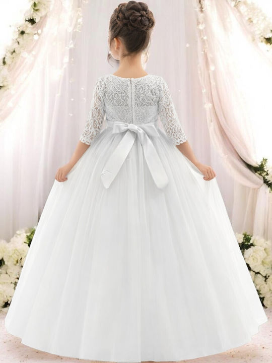 Girls Dress Short Sleeve with Lace for Flower Girl Set with Accessories White