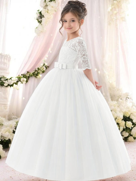 Girls Dress Short Sleeve with Lace for Flower Girl Set with Accessories White