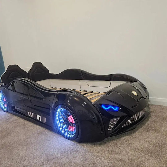 Schwarzes Kinderbett Auto Mit Türen Oben Und LED-Lichter 207x105x45cm