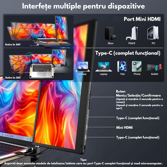 Monitor Portabil Dual Extensibil 14" FHD 1080p Suport Răcire Bază Extindere Ecran Laptop 360° Rotație Compatibil Laptopuri 7 Până La 18 Inch Tri-ecran Windows Mac USB-C HDMI Plug Play Gaming Birou