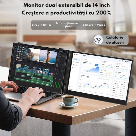 Monitor Portabil Dual Expandabil 14,2 Inch Ecran Ips Full Hd 1080p 300 Nits 60hz Contrast 1 000:1 Compatibil Laptopuri 13"-17,3" Conectivitate Usb-c/hdmi Plug Play Compatibil Windows Macos Linux Android Suport Husa Inclusă