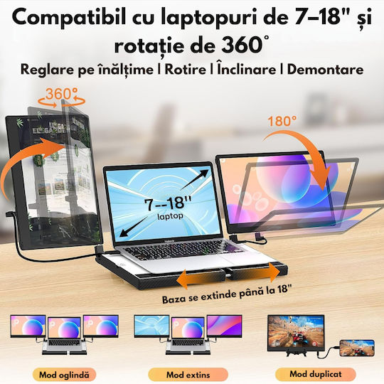 Monitor Portabil Dual Extensibil 14" FHD 1080p Suport Răcire Bază Extindere Ecran Laptop 360° Rotație Compatibil Laptopuri 7 Până La 18 Inch Tri-ecran Windows Mac USB-C HDMI Plug Play Gaming Birou