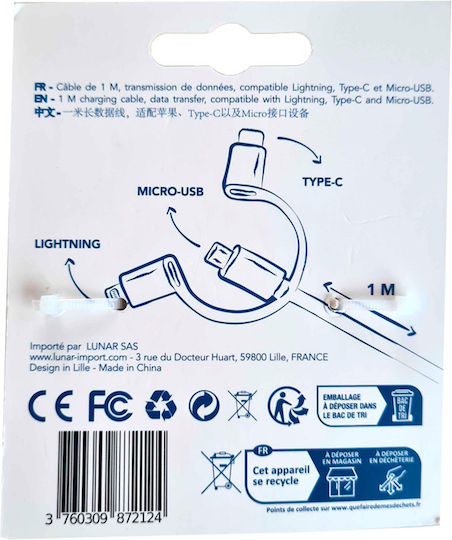 Yello Koko Kami Равен Кабел 3 A Usb Към Microusb Usb-c Lightning 1m Бързо Зареждане Бял