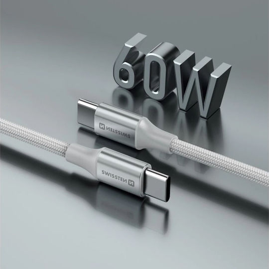 Swissten Braided USB-C Cable USB-C 3A Up To 60W Aluminum Shell 1.5m White