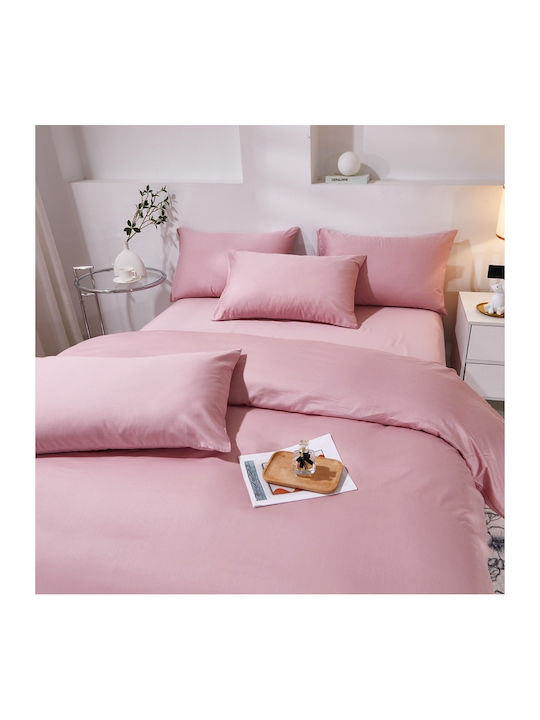 Cotton Single Duvet Cover Set 160x240cm 1 Pillowcase & 1 Bed Sheet Pink