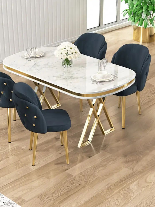Dining Room Table MDF White Glossy Marble Effect With Gold Metal Base 170x90x75cm