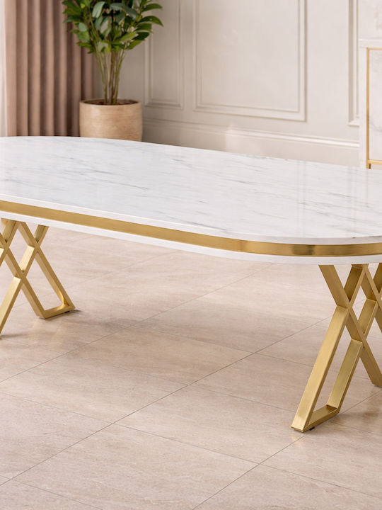 Dining Room Table MDF White Glossy Marble Effect With Gold Metal Base 170x90x75cm