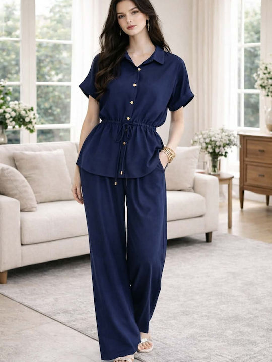 Set Albastru Dama Cu Pantaloni Cu Cauciuc