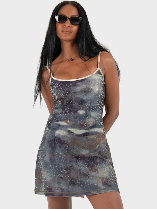Summer Mini Evening Dress Open Back with Mesh Blue