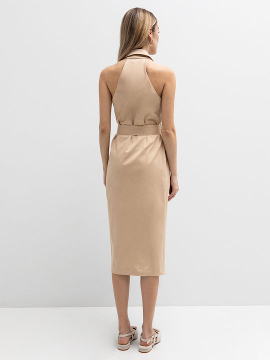 Summer Midi Shirt Dress Sleeveless Beige