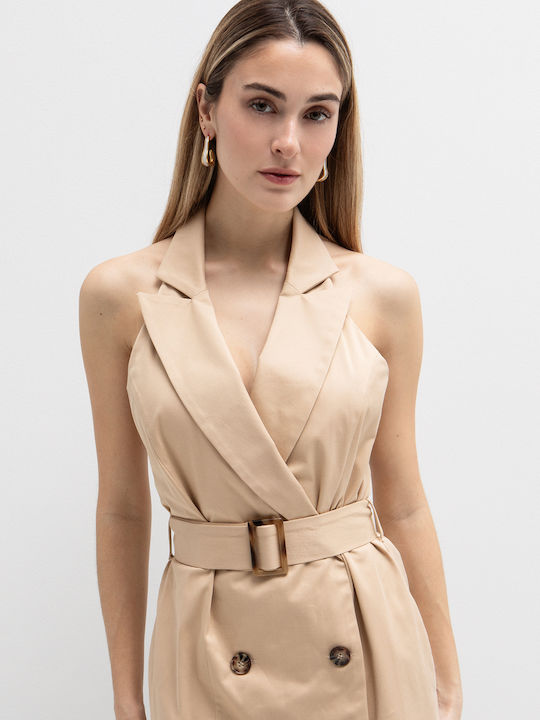 Summer Midi Shirt Dress Sleeveless Beige