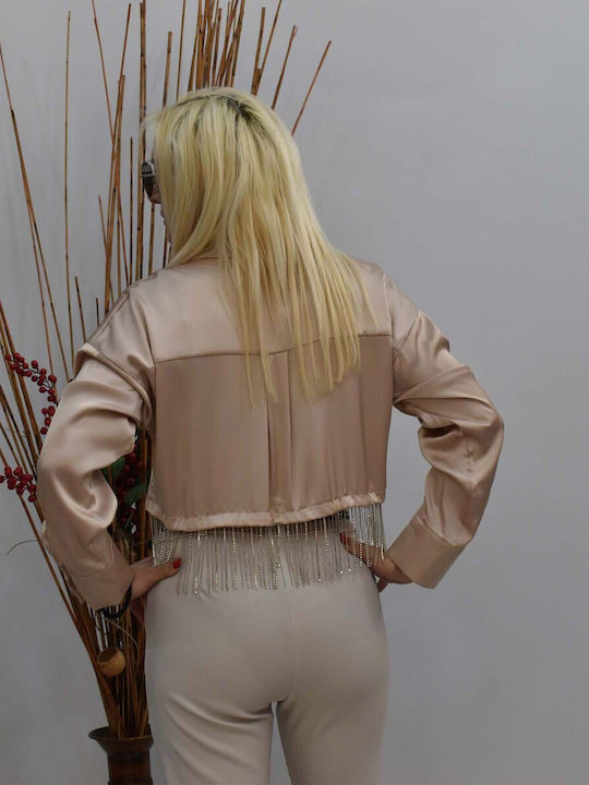 Long Sleeve Women's Satin Shirt Beige