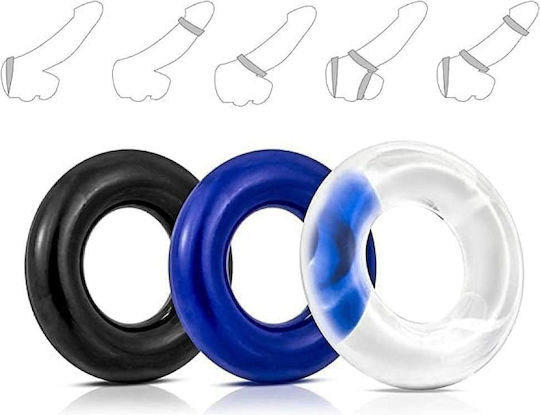 Smd Stay Hard Penis Rings Set Comfort Fit Δαχτυλίδια Στύσης Σιλικόνης Black Blue Transparent 3τμχ